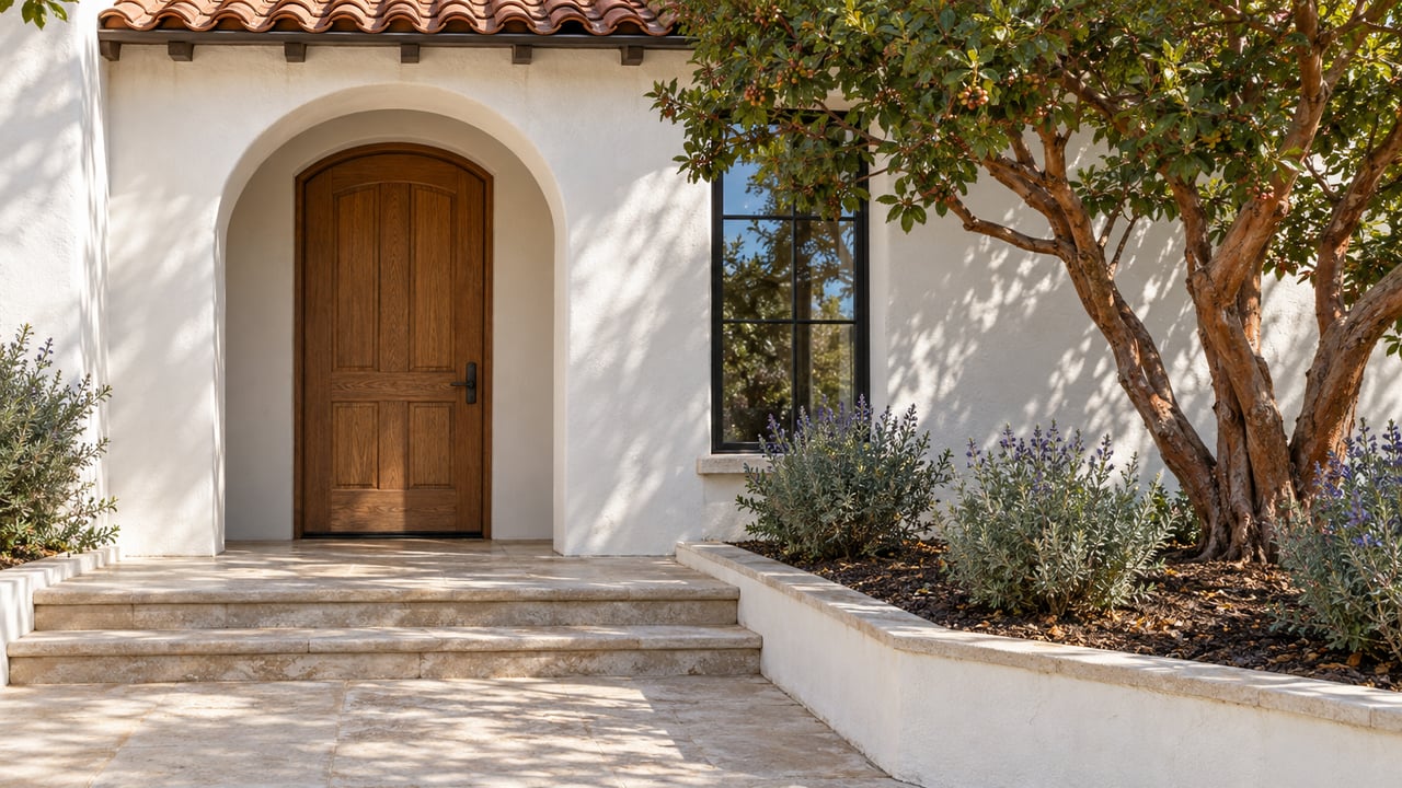 White stucco home entrance with an arched oak door, clay tile roof, limestone steps and a mature strawberry tree.