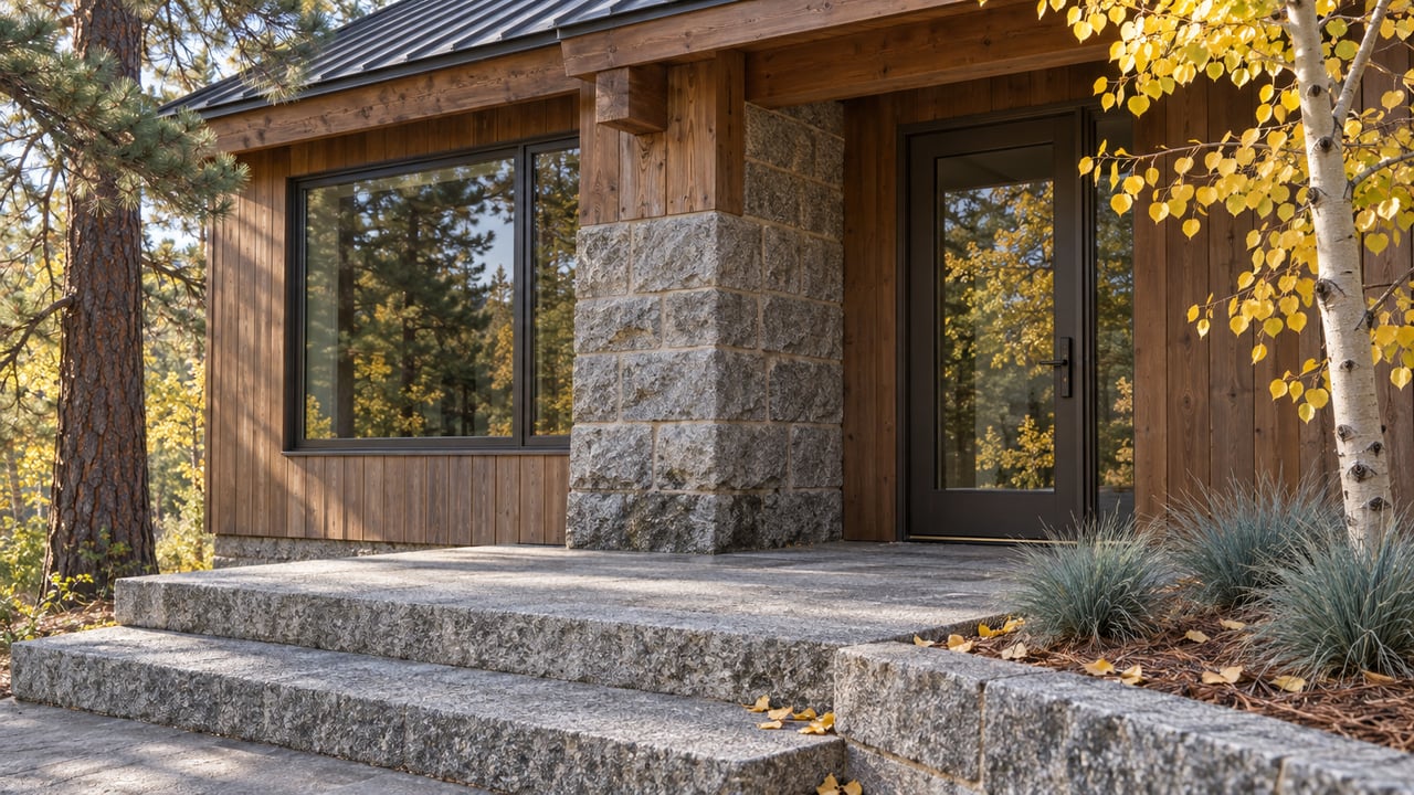 Weathered cedar home entry with granite steps, dark-framed glass, a ponderosa pine and yellow autumn aspen foliage.