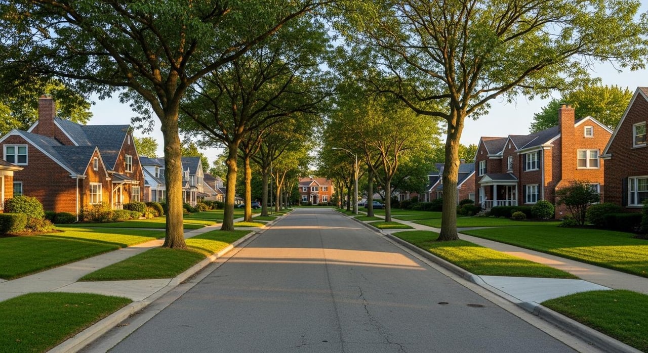 Tree-lined residential street with brick homes, sidewalks, and neatly maintained lawns.