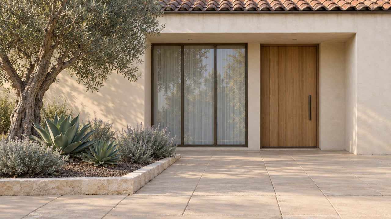 Ivory stucco home with a tiled roof, recessed oak entry, bronze-framed window, and an olive tree beside a sand-colored paved approach.