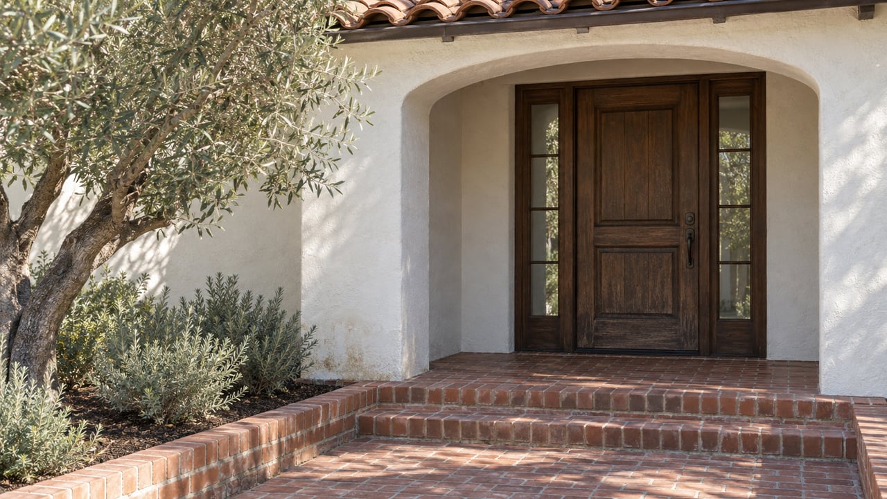 Morning light on a white stucco arched entry with an oak door, paired sidelights, red brick steps and an olive tree.