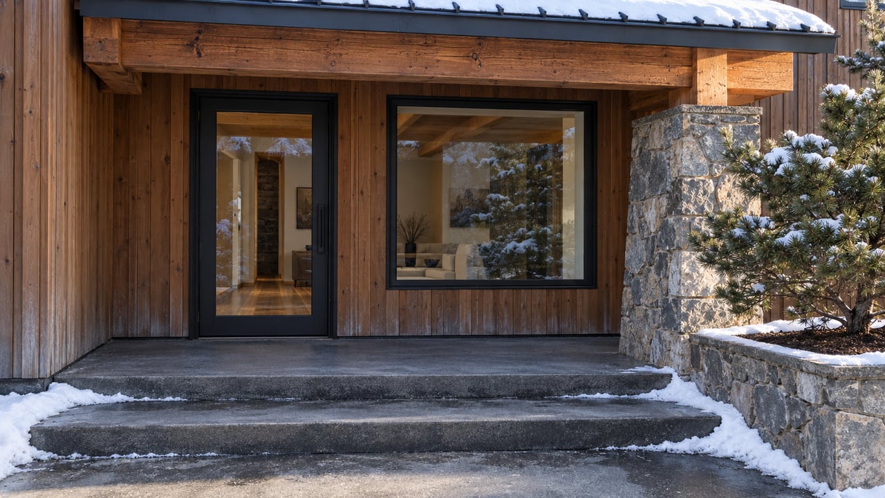 Snow-edged concrete steps lead to a sheltered cedar and gray stone entry with black-framed glass and a single pine specimen.