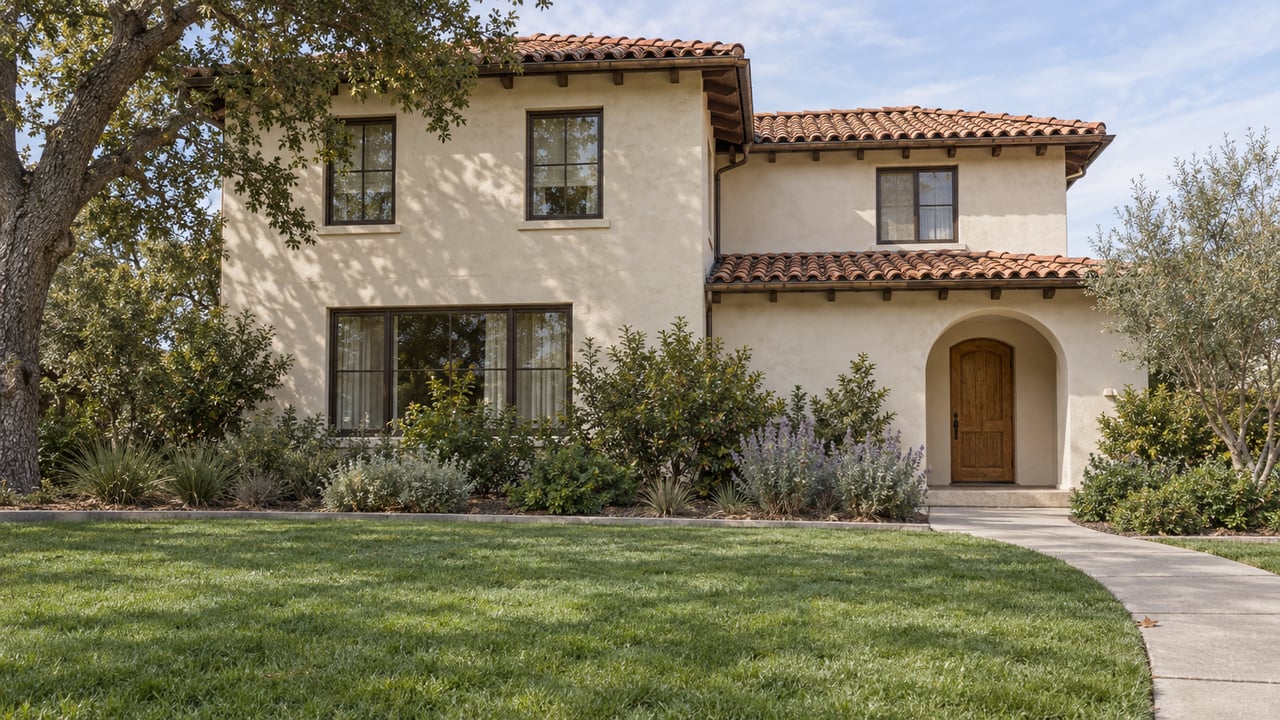 Two-story cream stucco home with terracotta roofing, an arched oak entry and a deep lawn beneath a mature oak.