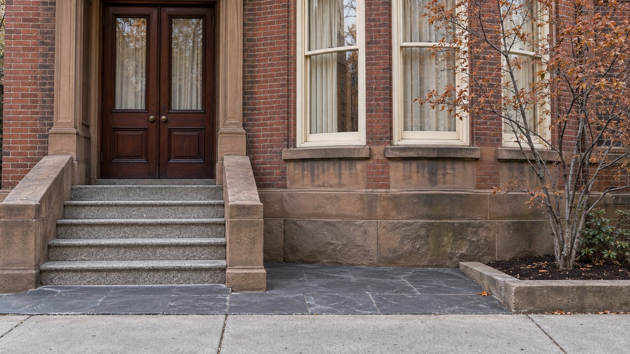 Red-brick residence with weathered sandstone trim, mahogany double doors, granite steps and a copper-leaved serviceberry beside a curved window bay.