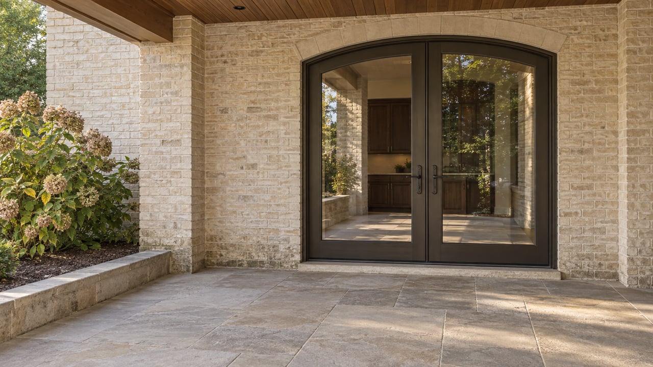 Covered stone terrace facing arched bronze-framed glass doors in a light brick home, with autumn hydrangea beside a raised stone border.