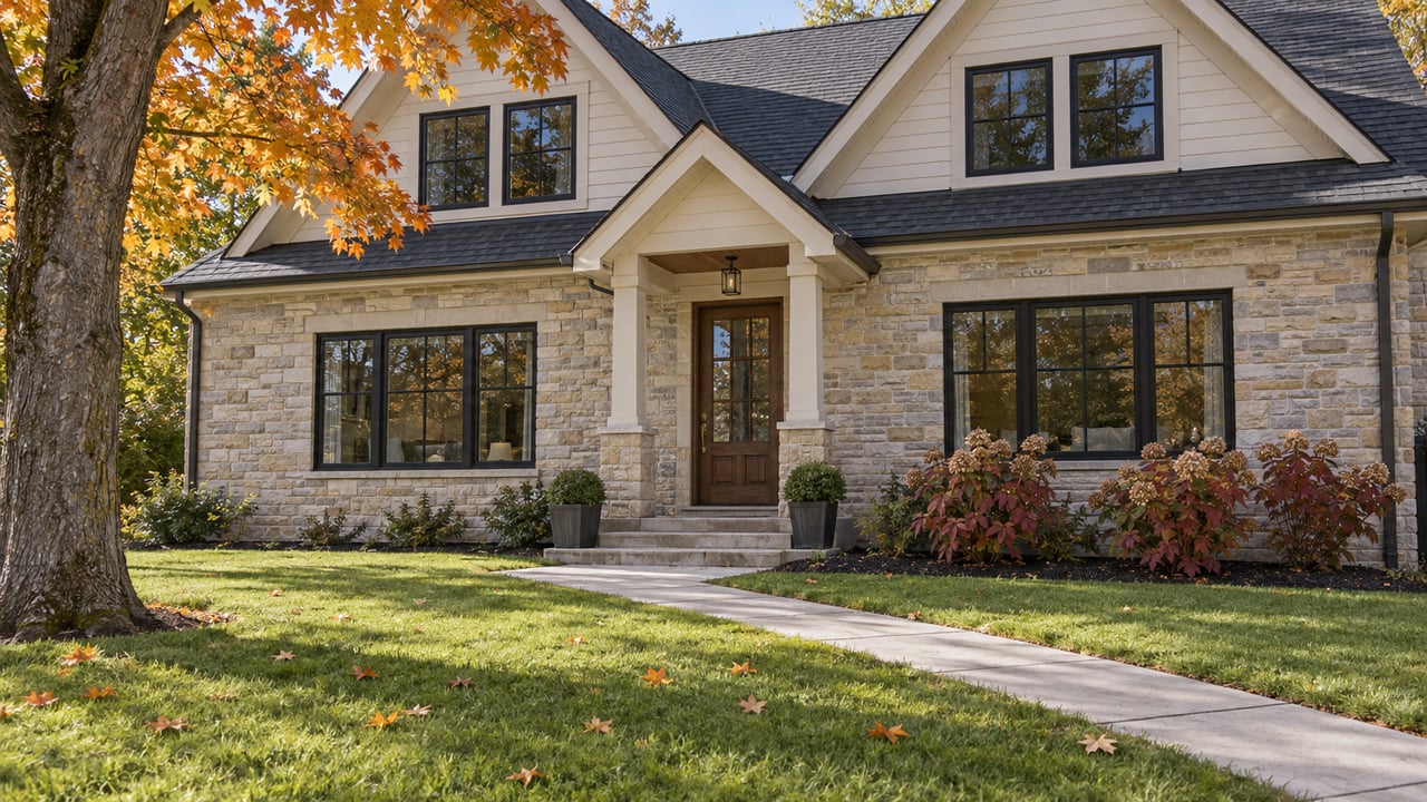 Renovated gabled home with limestone and ivory siding beyond a deep autumn lawn, with an orange sugar maple and a concrete front walk.