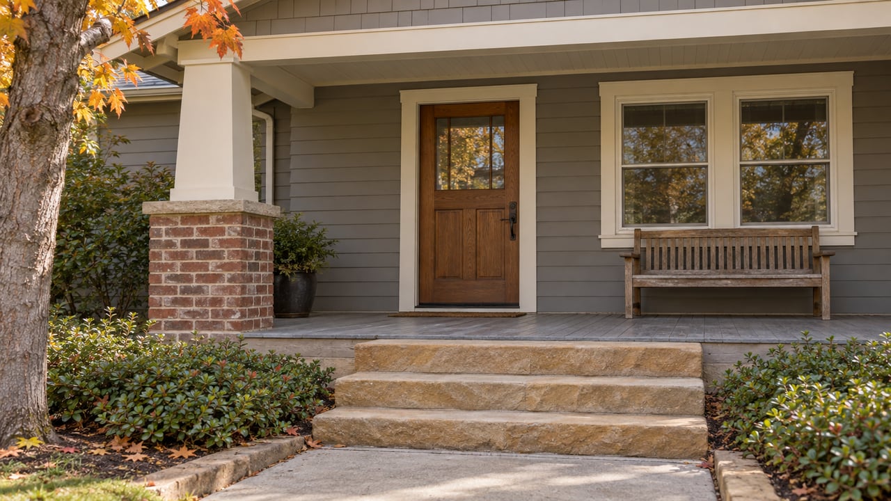 A bungalow porch with painted wood siding, a brick support pier, oak front door and broad sandstone steps bordered by autumn planting.