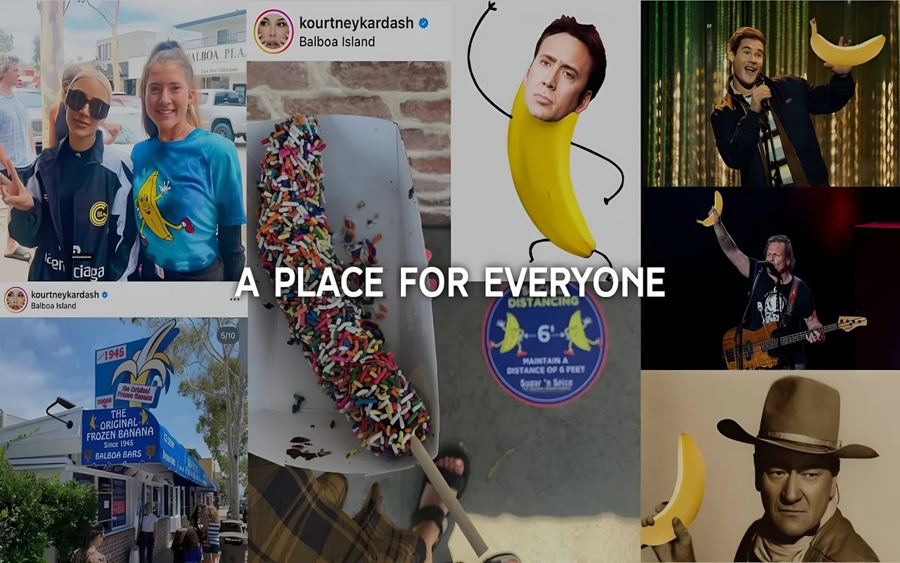 A collage featuring photos of people with bananas and a sign for The Original Frozen Banana store on Balboa Island.