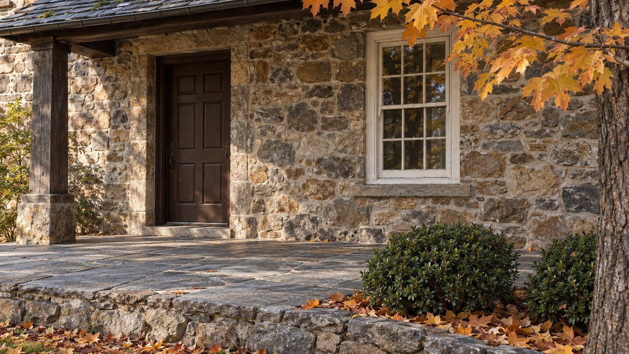 Fieldstone house facade with a dark paneled door, sash window, flagstone terrace, and amber maple leaves.