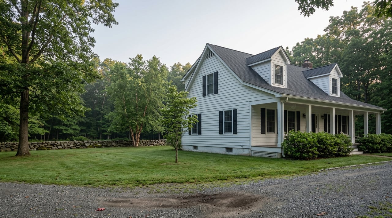 White clapboard house with porch and dormer stands beyond gravel drive and stone wall.