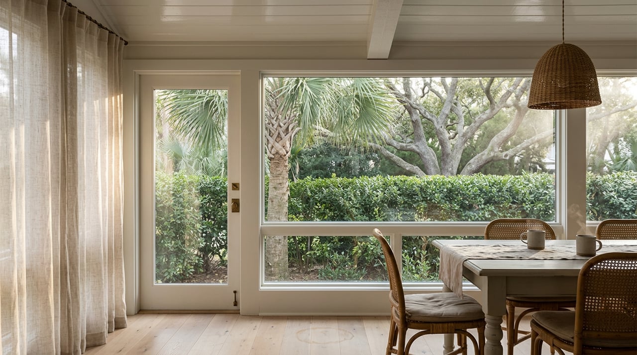 Breakfast nook table with stoneware mugs and rattan chairs, palm fronds visible through tall windows.