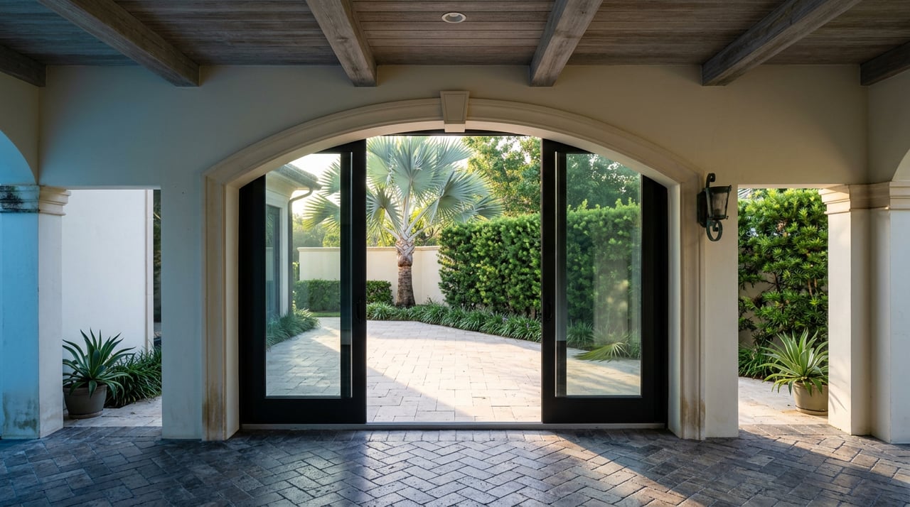 Cream stucco arch opens from a shaded loggia onto a sunlit travertine terrace with a fan palm and clipped hedge.