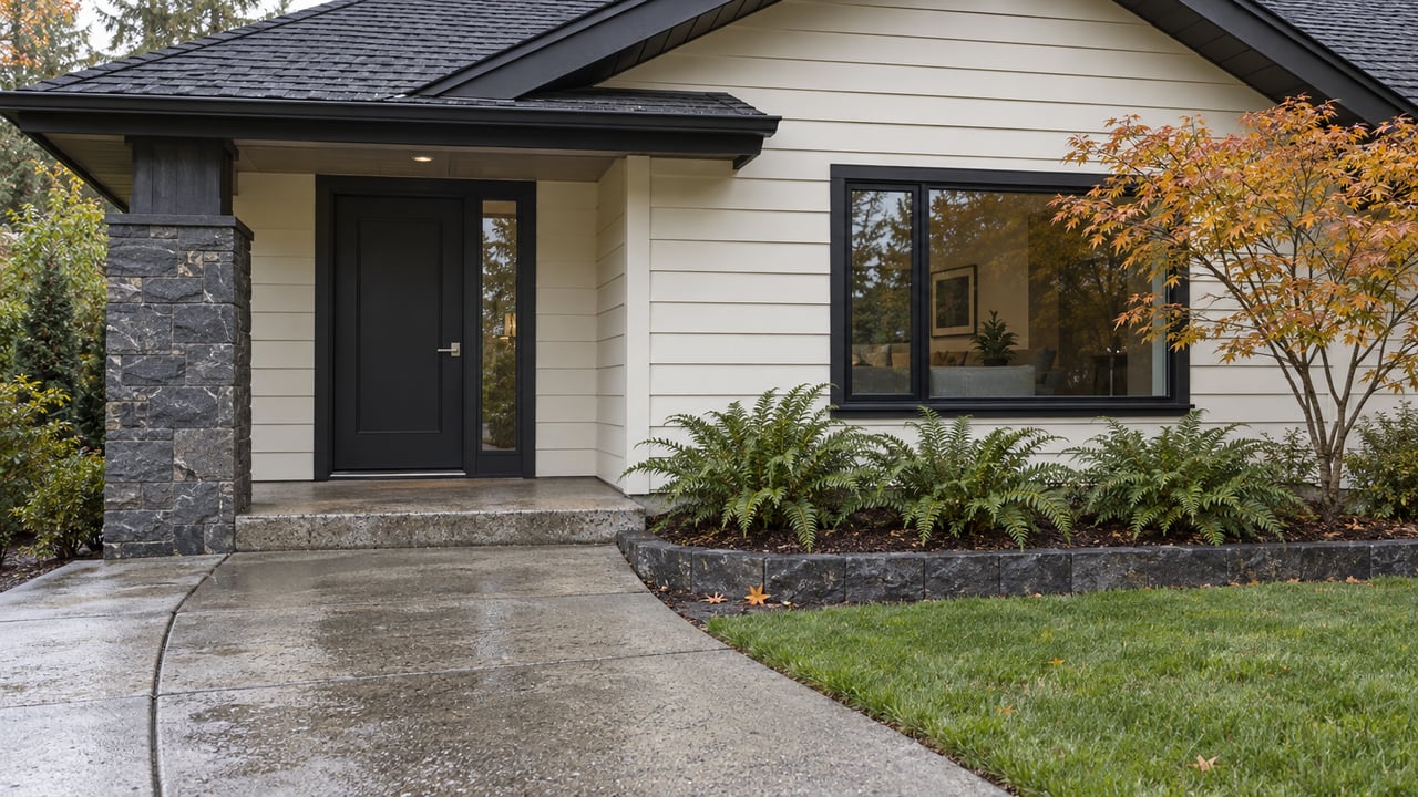 Rain-damp concrete approach leading to a cream-sided gabled home with basalt porch stonework and an ochre-leaved vine maple.
