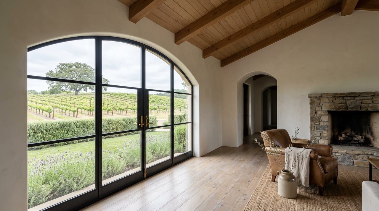Farmhouse great room with a stone fireplace and arched windows overlooking rows of vineyard vines.