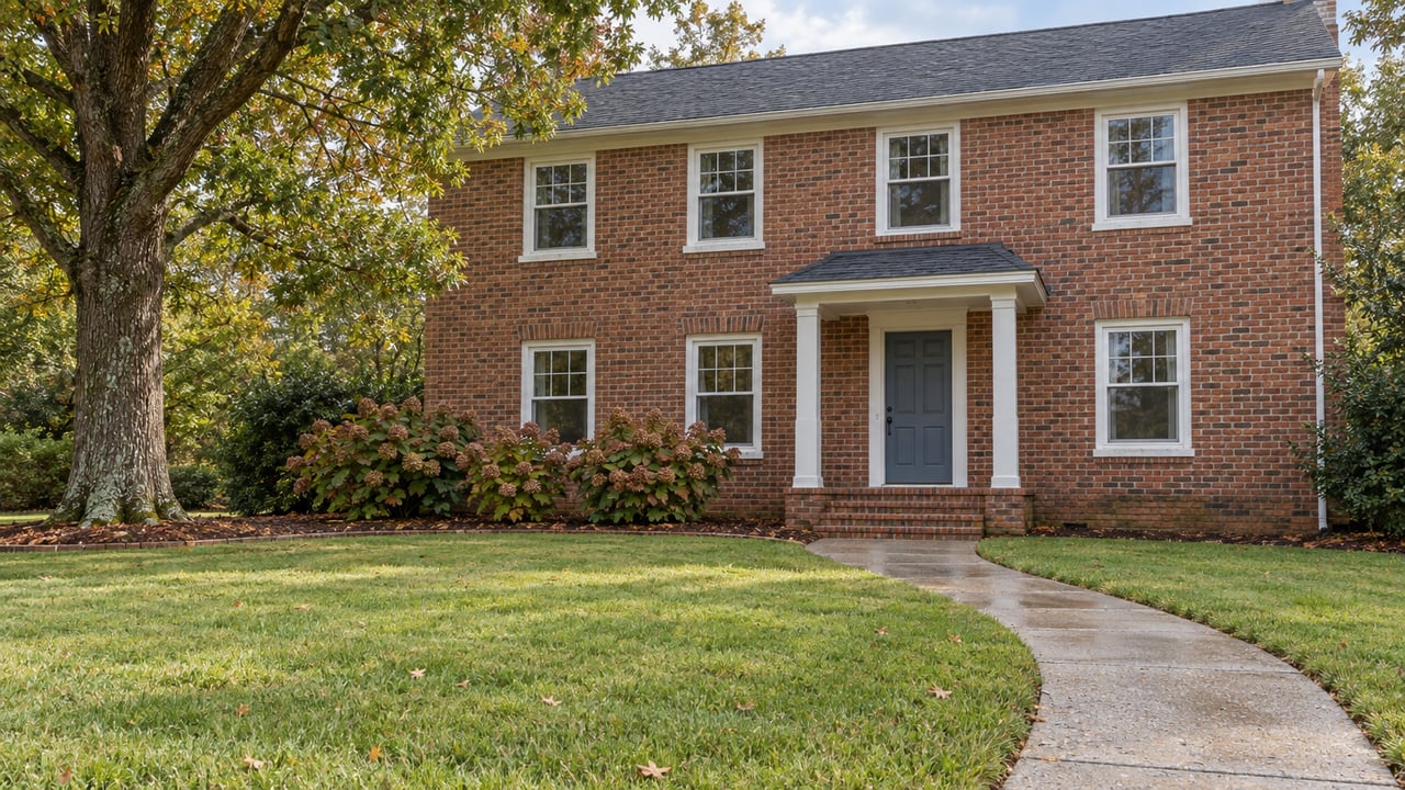 Established two-story brick home with white window trim, a blue-gray entry door and a deep lawn beneath a mature oak.
