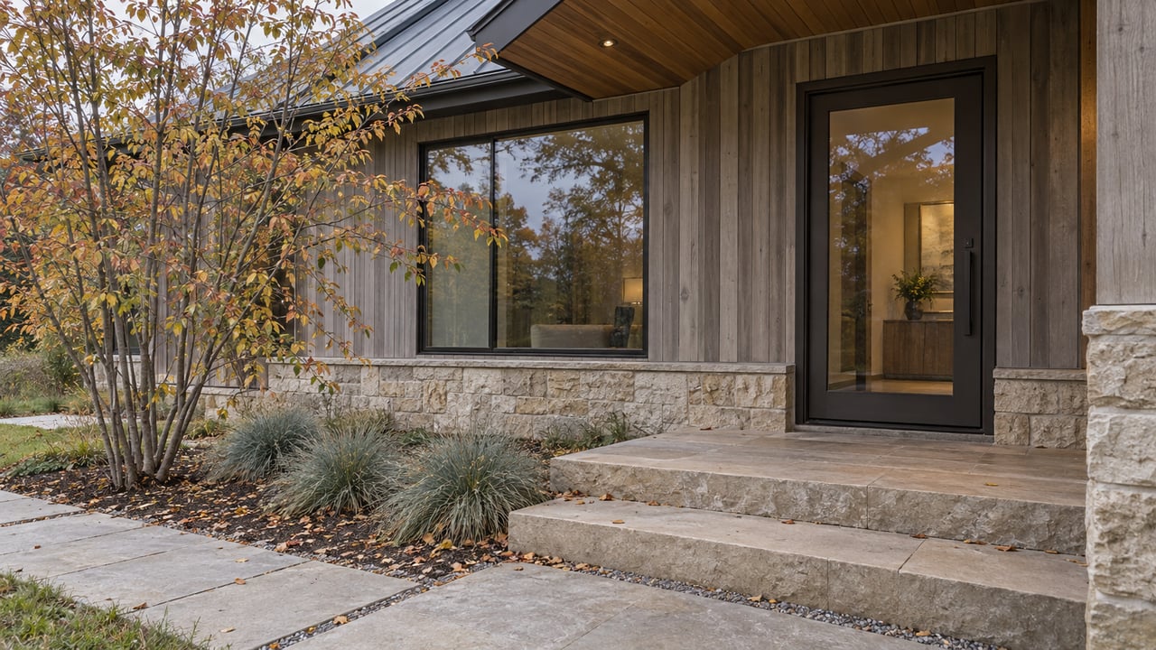 House entry with a bronze-framed glass door, limestone steps, cedar siding, and sparse autumn leaves.