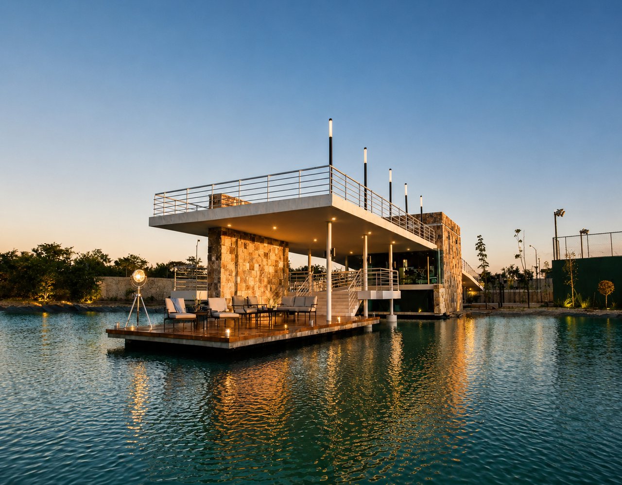 Modern stone residence over water, with an illuminated terrace and outdoor lounge seating.