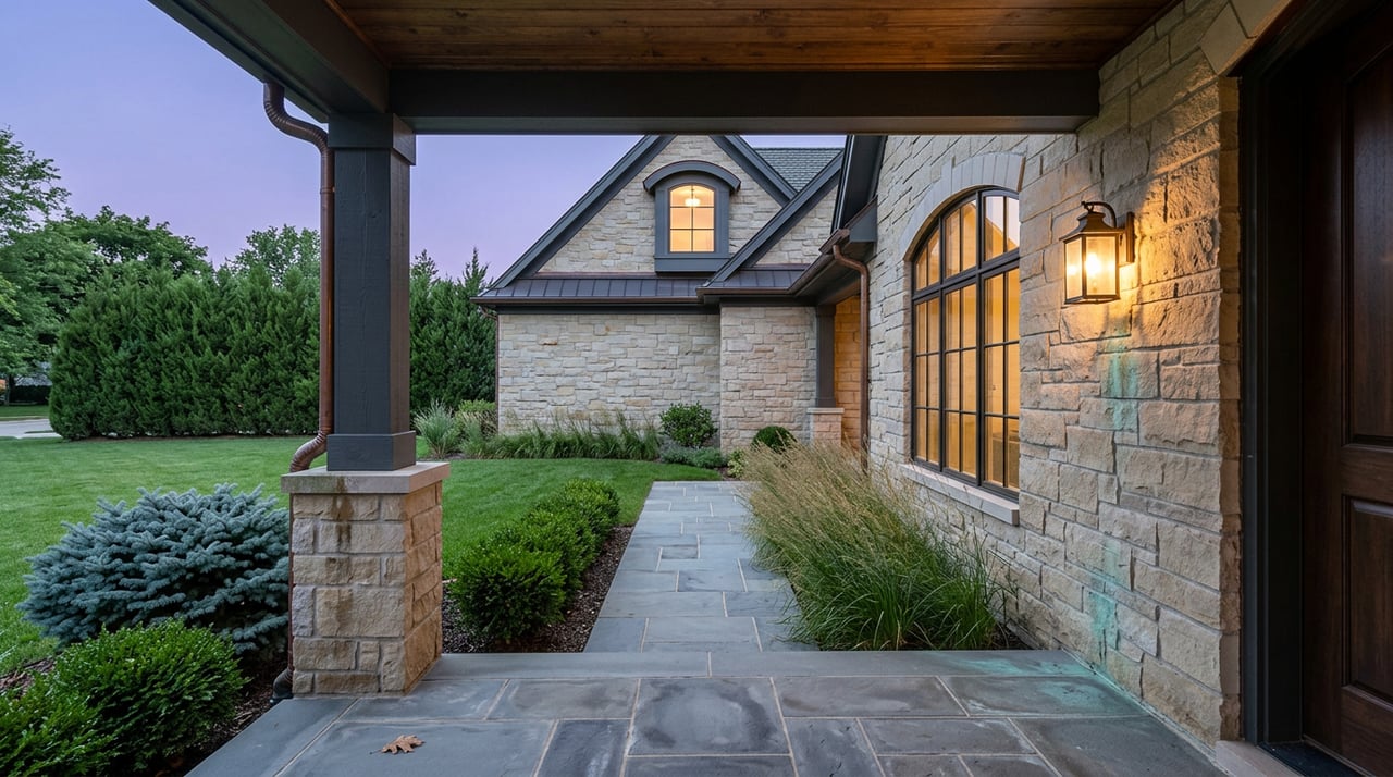 Stone home’s covered porch at dusk, with a glowing bronze sconce, arched window, and bluestone path.