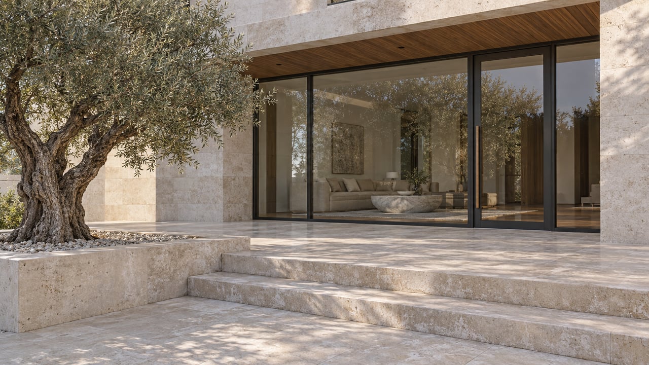 Modern stone home entrance with broad steps, floor-to-ceiling glass doors, and a mature olive tree.