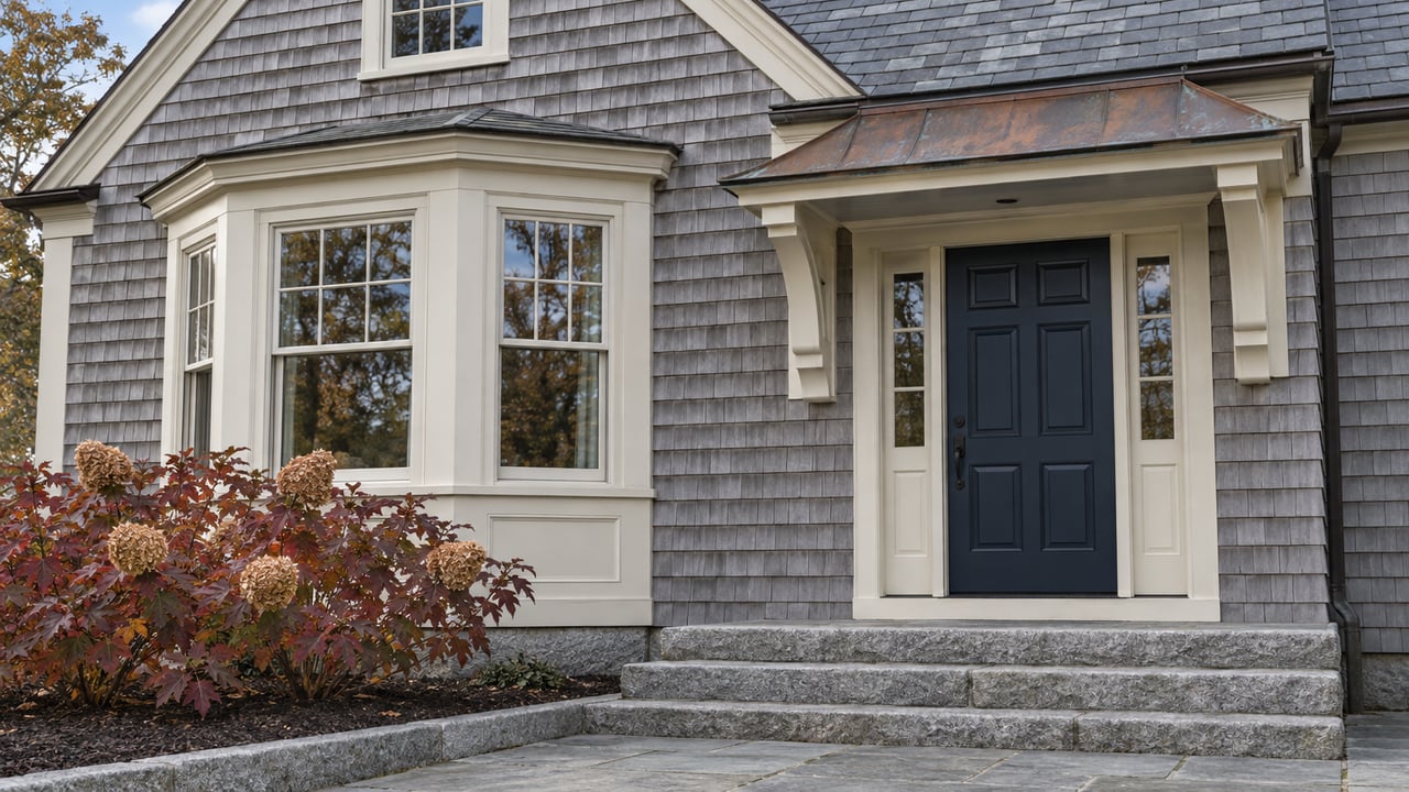 Weathered silver cedar shingles, cream-trimmed windows and a navy front door above broad granite steps, beside an autumn oakleaf hydrangea.