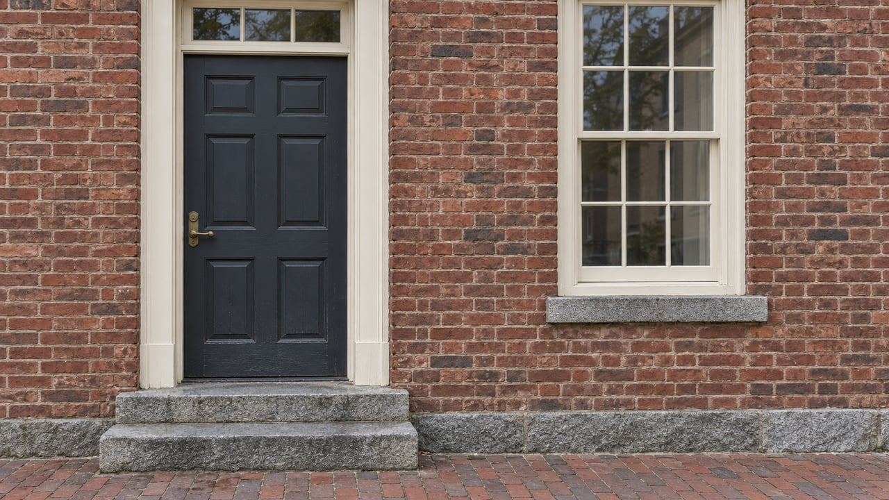 Weathered red-brown brick home with a charcoal door, ivory sash window, granite stoop, and worn brick sidewalk.