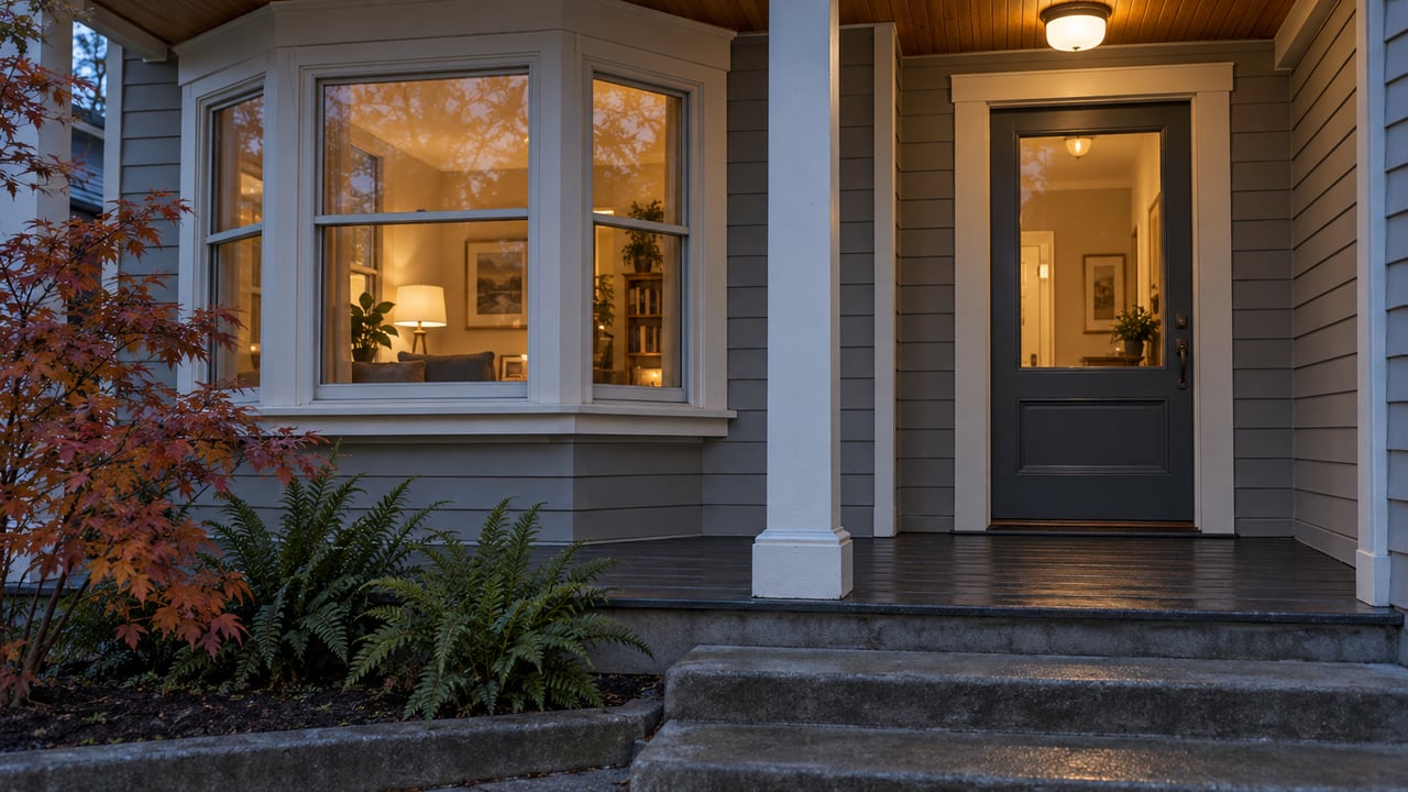 Renovated wood house porch with a three-pane bay window, glazed door, warm lights, and red maple leaves.