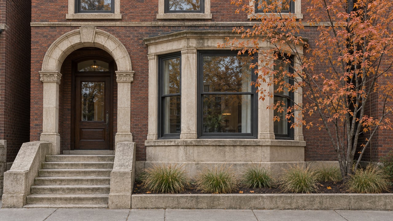 Russet brick home with a carved limestone entry, oak door, projecting window bay and copper-orange serviceberry leaves.