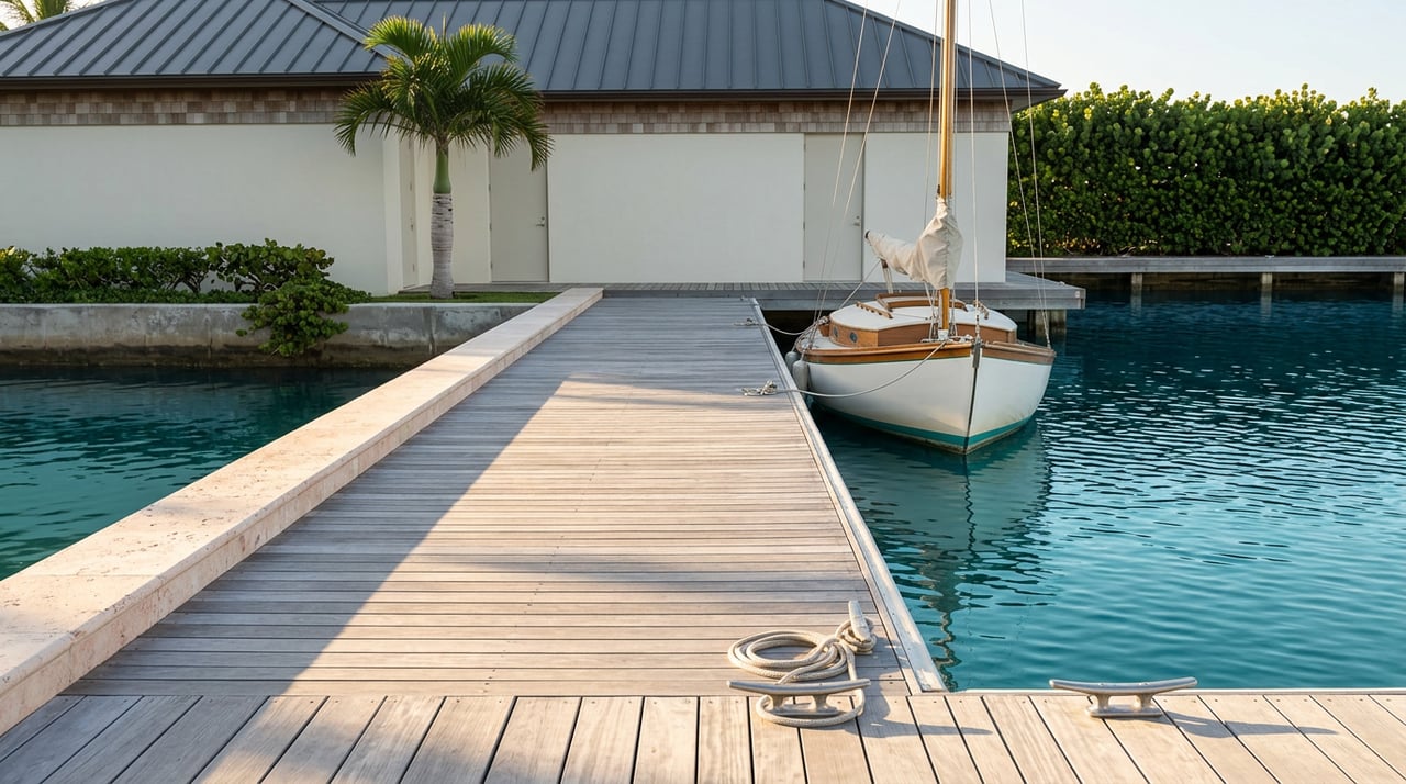Private dock leading to a white stucco boathouse, with a moored white dinghy and teal water.