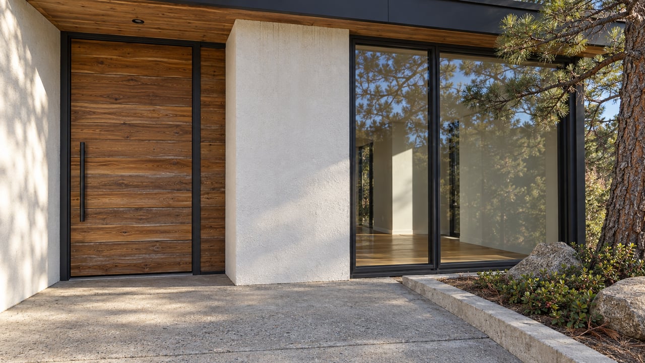 Cedar front door and black-framed window beside textured white stucco, with a concrete entry landing and pine planting pocket.