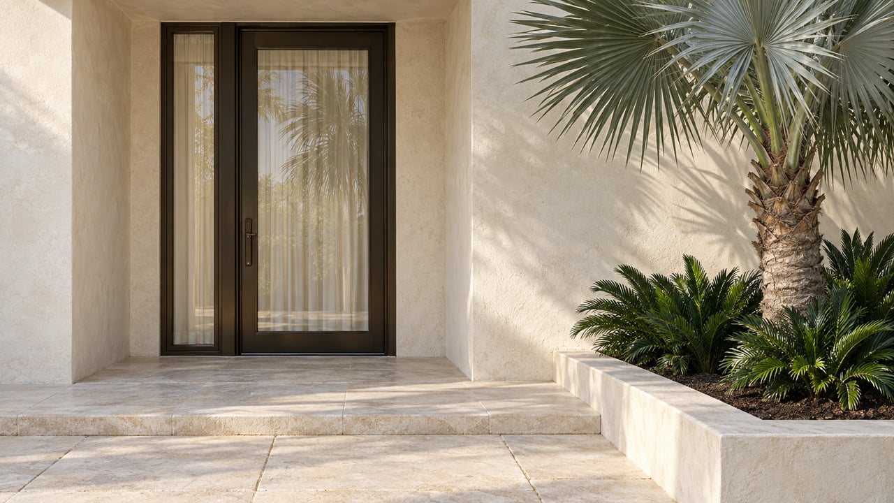 Residential entry with a bronze-framed glass door, limestone approach, and silver-backed fan palm.