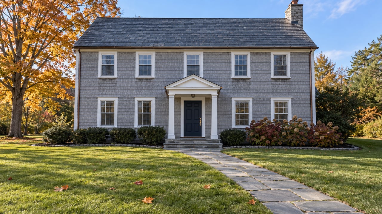 Cedar-shingled home behind a deep autumn lawn, with white-trim windows, a stone approach, and an amber sugar maple.