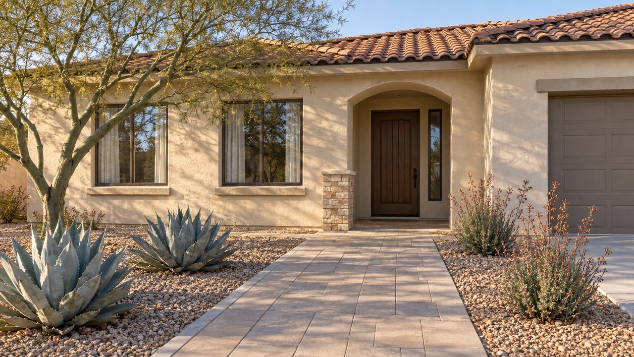 Cream stucco home with a clay tile roof, shaded arched entry, and a broad paved approach bordered by sculptural desert planting.