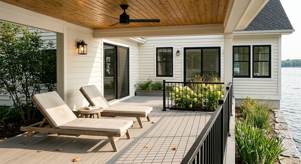 Teak chairs and a table on a lakeside porch, with planters, white siding, and a sliver of water.