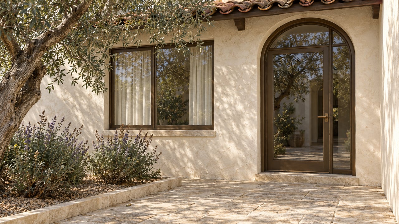 Cream stucco home entrance with an arched bronze-framed glass door, terracotta canopy, limestone paving and a mature olive tree.