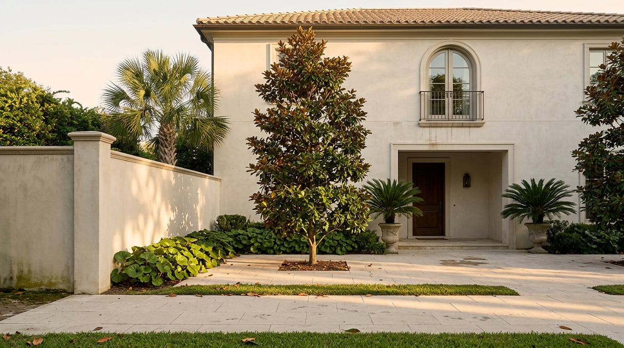 Two-story stucco home with an arched window, iron balconette, shaded loggia, and magnolia-lined path.