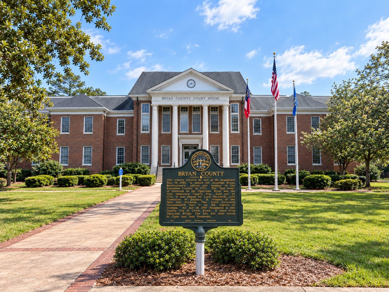Bryan County Court House, with white columns, flags, and a historical marker on the lawn.