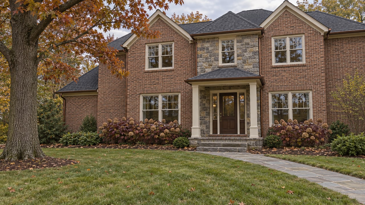 Brick and fieldstone home with a sheltered wood entrance, deep autumn lawn and a mature oak beside a flagstone walk.