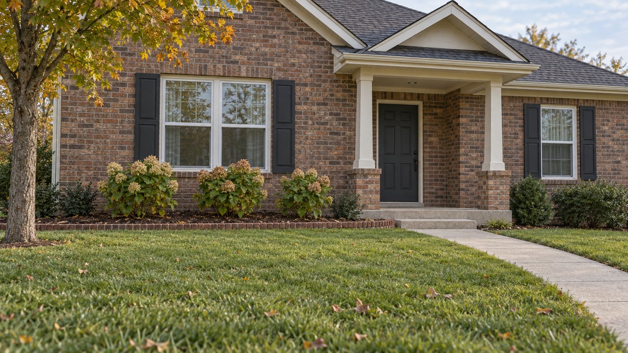 Brick house with a covered entry, dark shutters, and a broad front lawn.