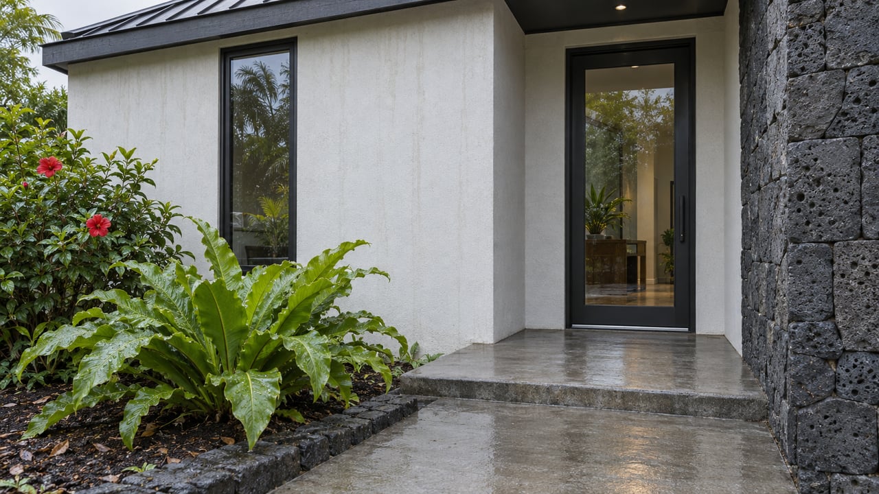 Coastal house entry with a recessed glass door, basalt stoop, rain-glossed fern, and red hibiscus flowers.