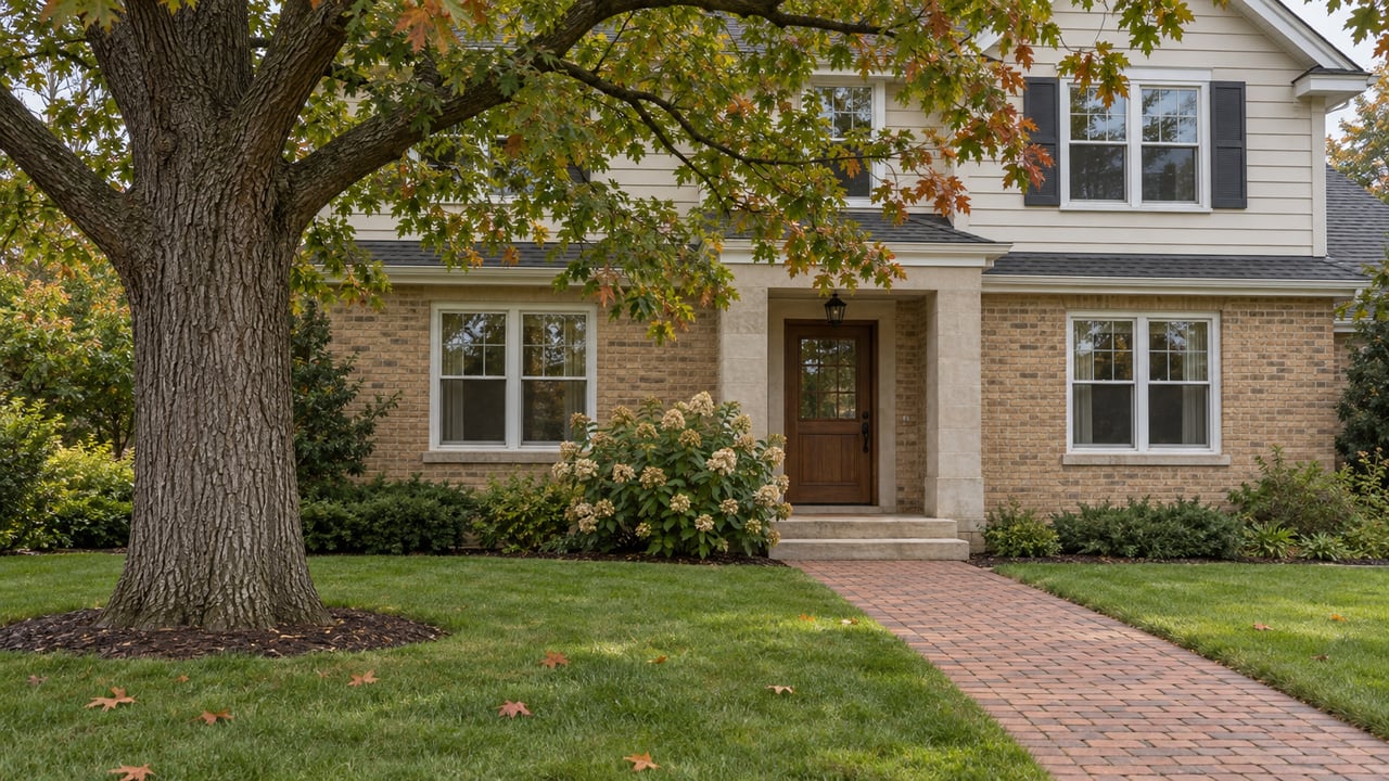 Mature oak beside a brick-and-clapboard home, with an autumn lawn and brick walk leading to a recessed oak door.