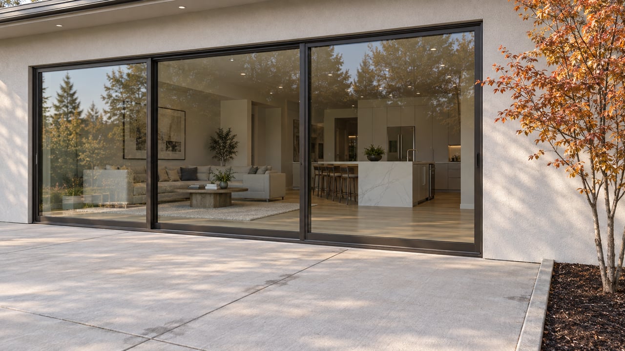 Pale concrete patio meets a three-panel glass wall, with a kitchen island behind it and a copper-leaved tree at right.