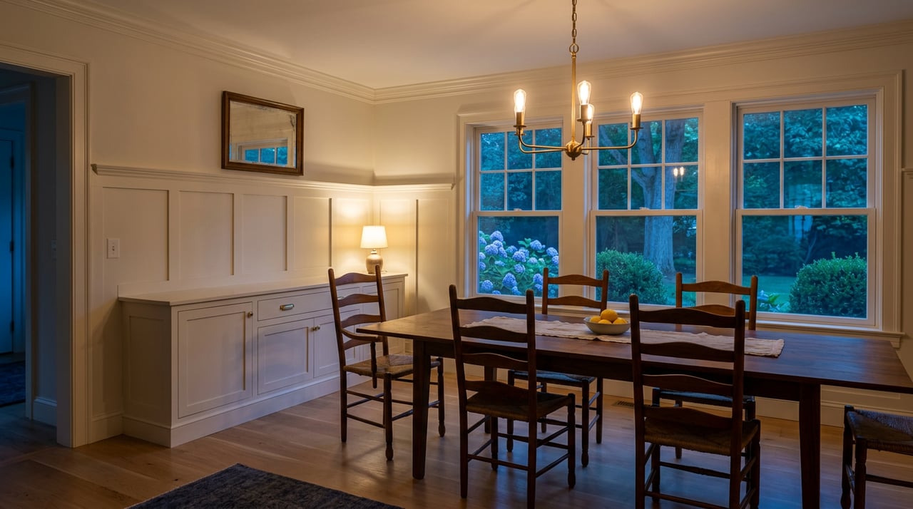 Walnut dining table beneath a brass chandelier, with ladder-back chairs and dusk-blue garden views.