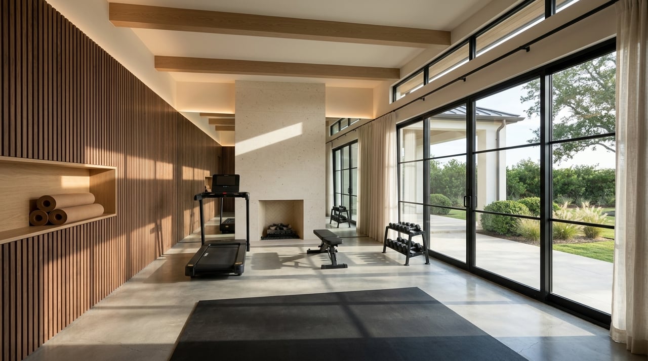 Luxury home gym with black steel and glass, walnut cabinetry, and limestone finishes.