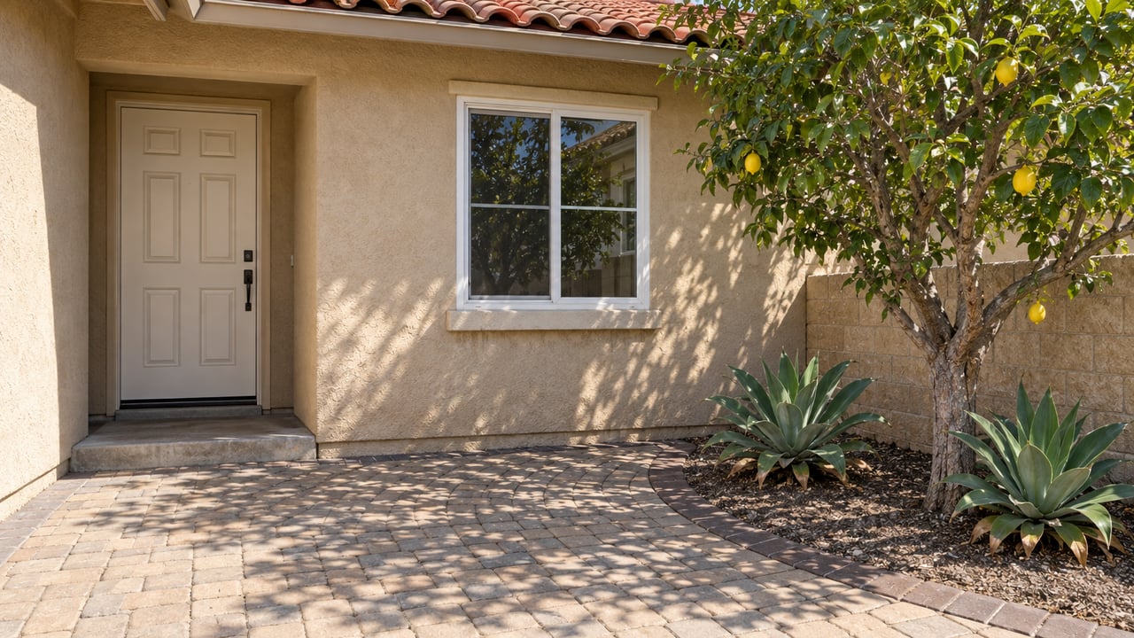 Sunlit stucco home entrance with an ivory door, terracotta roof tiles, curved concrete pavers, a lemon tree and two agaves.