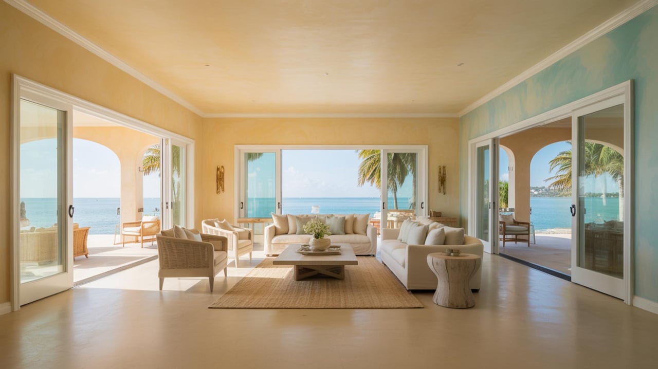 Sunlit coastal living room with wicker chairs, a white sofa, and sliding glass doors overlooking the ocean.