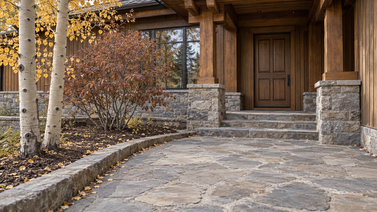 Curving flagstone path leads to a timber-and-stone home with a recessed paneled door and glazed window.