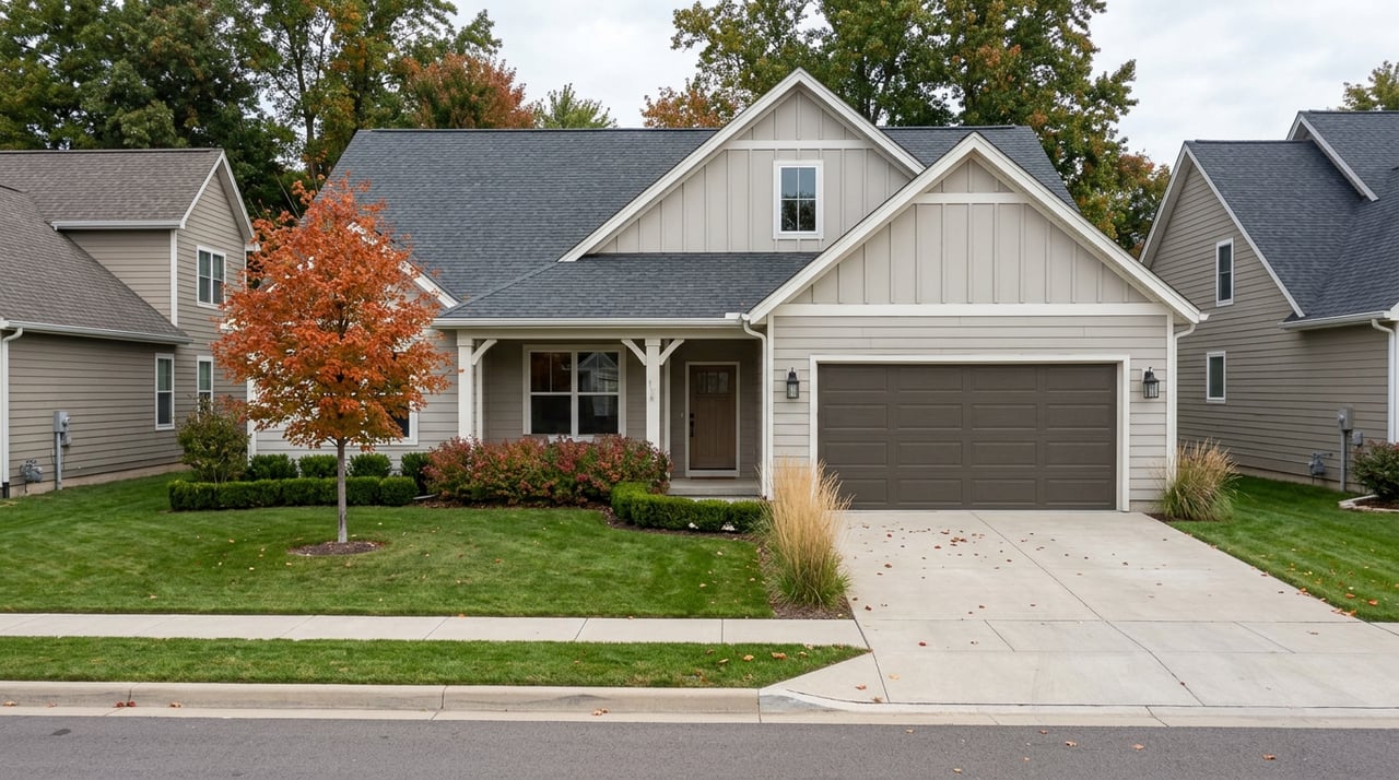 Suburban home with a dark two-car garage, deep lawn, and a maple tree in orange-red fall foliage.