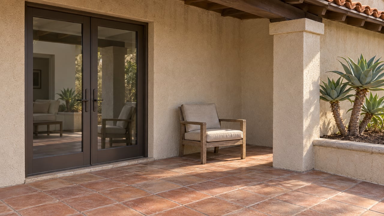 Sunlit terracotta terrace beside a beige stucco home, with bronze double patio doors, a teak chair and a sculptural aloe in a raised bed.