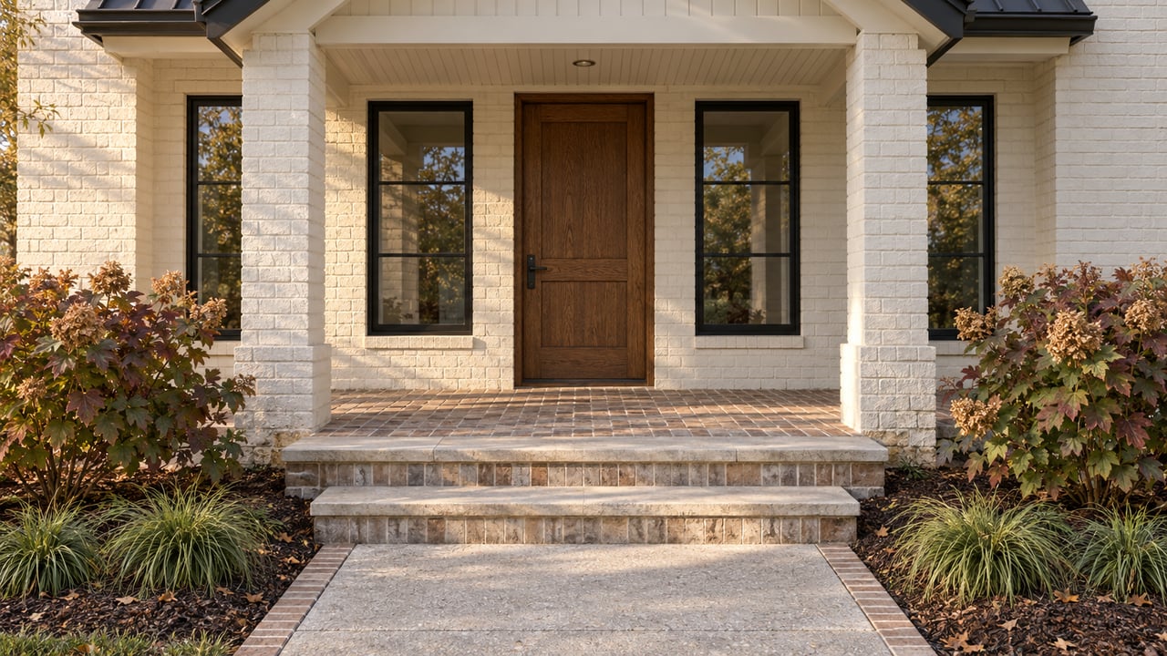 Ivory brick porch with an oak front door, paired black-framed windows, worn limestone steps and oakleaf hydrangeas beginning to turn burgundy.