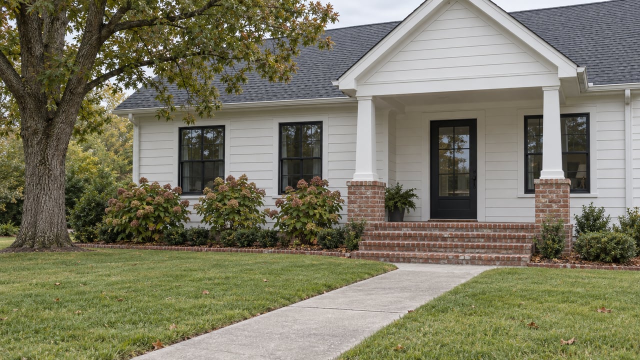 White gabled cottage with black-framed windows, brick porch steps and a concrete walk across a green lawn beneath a mature oak.